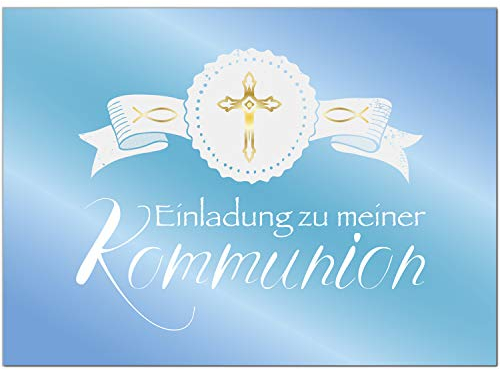 10 x Einladungskarten Kommunion mit Umschlag/Goldenes Kreuz auf Blau für Jungen/Kommunionskarten/Einladungen zur Feier
