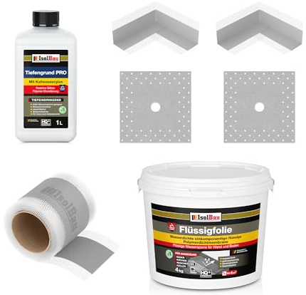 Isolbau Dicht-Set - Inkl. 1x Flüssigfolie (4 kg), 1L Tiefengrund PRO, 1x Dichtband (5 m), 2x Innenecken & 2x Manschetten