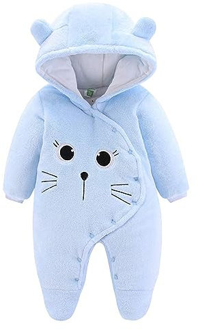 JiAmy Baby overaller baby sparkdräkt flanell vinter sparkdräkt lekdräkt med fötter hoodie tecknad film, blå 9-12 månader