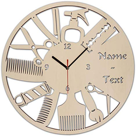 Namofactur personalisierte Wanduhr Friseursalon aus Holz zur Eröffnung | Mit persönlicher Gravur, in verschiedenen Farben wählbar und zum Aufhängen – ohne Stromkabel, Batterien nicht enthalten