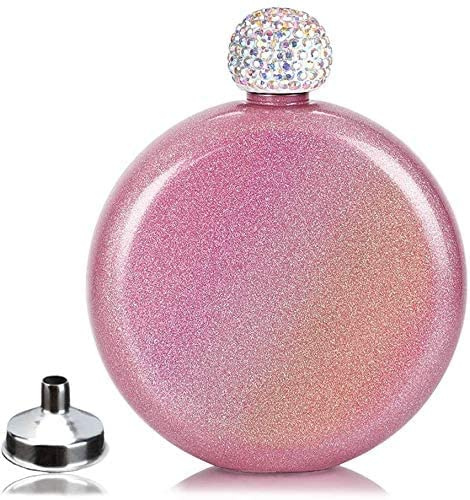 Cute Liquor Flask for Women, Junya 304 Stainless Steel,Pretty Glitter Coating Whiskey Flasks,Shining Rhinestone Cap,Portable Wine Flask for Drink Bar BBQS and Traveling,Capacity 5 oz