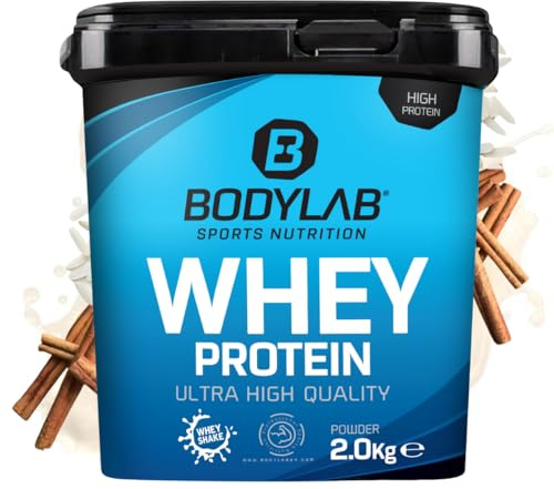 Bodylab24 Whey Protein Pulver, Milchreis-Zimt, 2kg | Bis zu 24 g Protein pro Portion, hochwertiges Molkenprotein, perfekt löslich, ideal für Protein Shakes rund ums Training