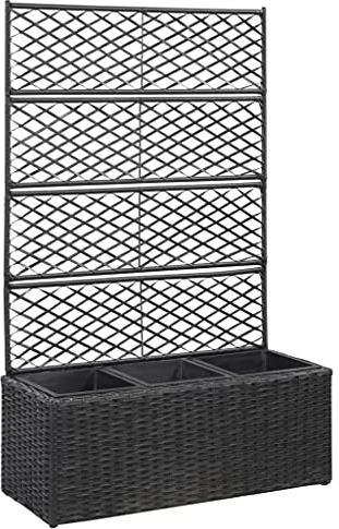vidaXL Hochbeet mit Rankgitter 3 Töpfen Pflanzkübel Pflanzkasten Blumenkübel Gartenspalier Spalier Rankhilfe Rankkasten 83x30x130cm Poly Rattan Schwarz
