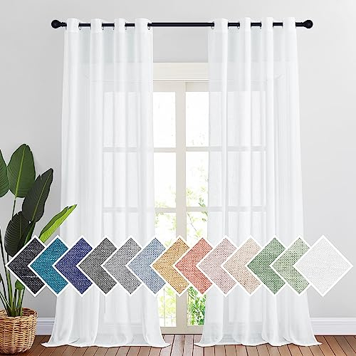 PONY DANCE Leinenoptik Vorhang Weiß Ösenvorhang 2er Set H 245 x B 140 cm Weisse Gardinen Halbtransparent Wohnzimmer Gardinen im Landhausstil Vorhänge mit Ösen