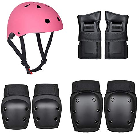 Kaiyei Kinder Skateboard Protektoren 7-teiliges Set, Helm & Knieschützer & Handgelenkschoner & Ellbogenschoner Schutzausrüstung für Rollschuhe Fahrrad Inliner Skate Rosa + Schwarz L