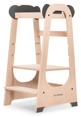 Beeloom - Torre di apprendimento Montessori in legno, PANDA TOWER, sgabello per attività per bambini grigio, con gradini regolabili in altezza a 3 livelli
