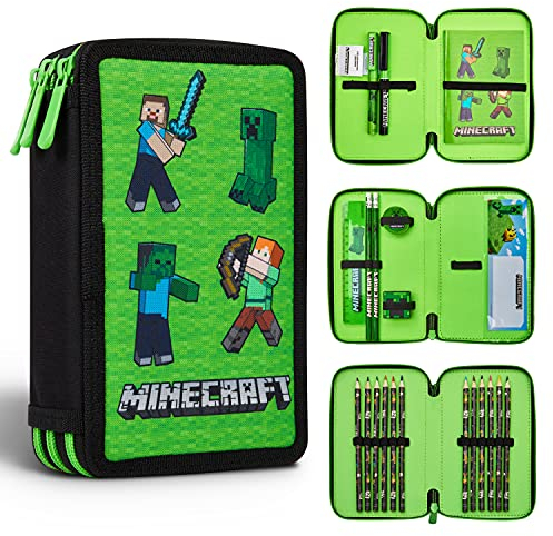 Minecraft Federmäppchen Jungen und Mädchen Mäppchen Gefüllt Creeper Federmappe mit Schreibwaren Gamer Geschenke für Kinder und Teenager (Grün Mob)