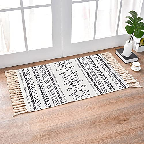 INKAROBOX Teppiche aus Baumwolle mit Quaste Gewebte Baumwolle Wurf Teppich Läufer für Küche, Wohnzimmer, Schlafzimmer, Waschküche, Eingangsbereich (Weiße Raute, 60x130cm)