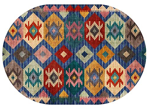 Rururug Teppich Oval Moderner Läufer Orientteppich Kurzflor Flur Schlafzimmer Küche Wohnzimmer rutschfest Waschbar,Gelb, rot, blau, grün, Retro nähend,Oval 80 x 150 cm