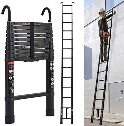 5M Teleskopleiter mit Haken, Rutschfester Ausziehleiter Klappleiter Schiebeleiter aus hochwertiges Alu, 13 Stufen Stehleiter Mehrzweckleiter, 150kg Belastbarkeit