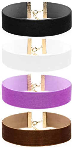 JewelryWe Schmuck 4pcs Velvet Choker Halskette Set Damen Gothic Breit Samt Leder Halsband Verstellbare Kragen Kette Kropfband für Freuen Mädchen, Schwarz Weiß Lila Braun