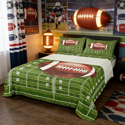 American Football Sheet Full,Football Field Abstract Bedding Set for Kids Teens Adults,Soccer Sport Game Green Brown Bed Sheet Set 4pcs with Deep Pocket Fitted Sheet + Flat Sheet + 2 Pillowcases