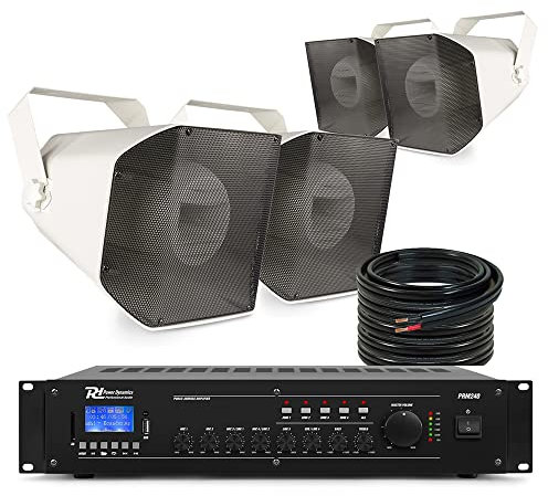 Power Dynamics HS650 Commercial Outdoor Horn Speaker System with Bluetooth Amplifier, IP66 Weatherproof Full Range PA System for Music & Announcements, Includes 4 Speakers & Installation Cable