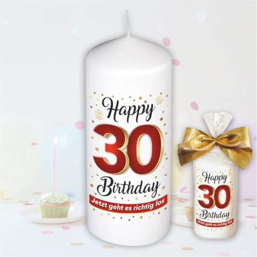 Stumpenkerze - Geburtstagskerze zum 30. Geburtstag, Happy Birthday - Für Dich | Motive auf Tattoofolie | Geschenkfolie und goldener Schleife | Kerze mit Geburtstagszahl Zahl in Geschenkverpackung