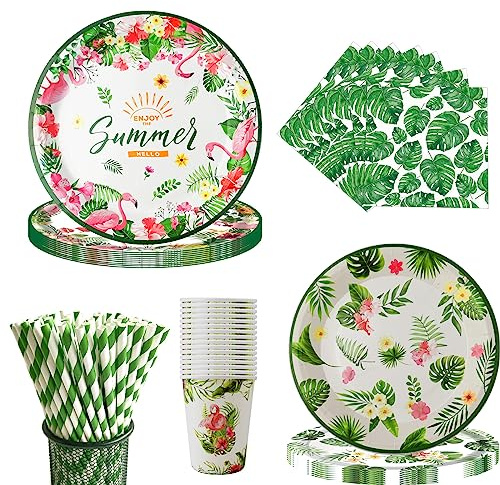 88 st Hawaiiansk palm flamingo festservis tillbehör – 16 gäster Luau festservis set för barn födelsedag baby shower tropisk hawaiiansk återanvändbar middag desserttallrikar servetter koppar sugrör