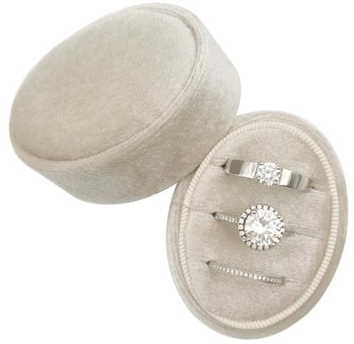 Beatilog Oval ringlåda i sammet, 3 fack - premium bröllop med tre ringar i låda, vintage, handgjord förvaring, smyckesorganisatör för förslag, förlovning, bröllopsceremoni, jul (beige)