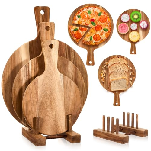 Hushee 3-teiliges rundes Schneidebrett aus Akazienholz mit Griff, Holz-Schneidebrett und Geschirrgestell, Servierplatte, Pizzaschaufel und Teller-Ständer für Käse, Brot, Zuhause, Backen, Obst