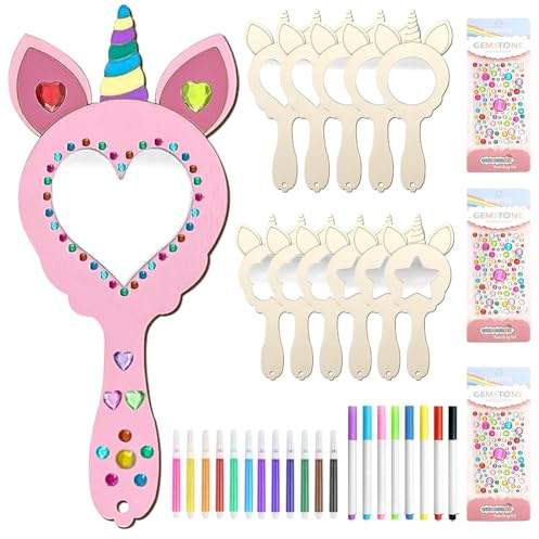 Ainiv 12 Stück Einhorn Bastelset, Holzspiegel zum Bemalen für DIY Malen | Mini Holz Prinzessin Spiege, Holz Basteln Creative Painted Mirrors, Bastelset Mitgebsel Geschenk Party