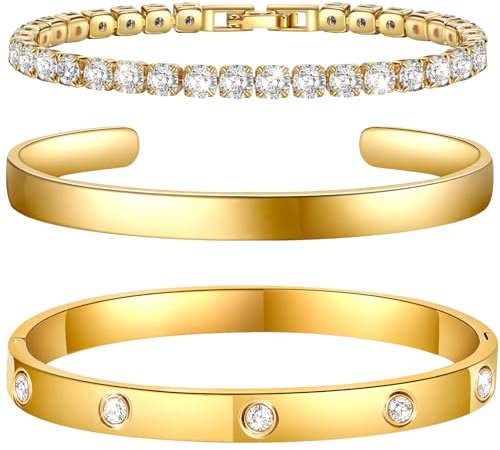 Ahokei 3PC Armband Damen Gold Armband Wasserfest,18K Gold Edelstahl Armbänder Damen Armkette Vergoldet Set,Geschenk für Sie,17+3CM