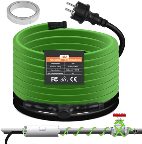 Vrietina Selbstregulierendes Heizkabel, 8M Frostschutz Heizkabel mit eingebautem Thermostat zum Schutz von Wasserrohren Ideal für Pflanzen Wasserdichte mit Schutzkontaktsteck 35W/m 230V IP68