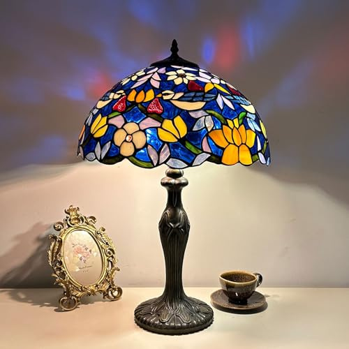 BOTOWI Tiffany Stil Tischlampe Vogel & Blume Buntglas Lampe Schlafzimmer Nachttisch Lesepult Licht für Wohnen Büro Schlafsaal Retro Akzent Dekor 12 Nachttisch Lampen,Blau
