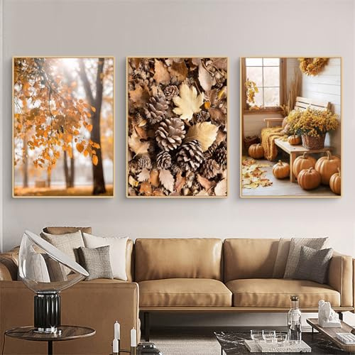 Uixxducc 3er Herbst Poster Set, Aesthetic Tannenzapfen Kürbis Blätter Bilder Set, Natur Herbst Wandbilder Wohnzimmer Schlafzimmer, Ohne Rahmen (30x40cm)