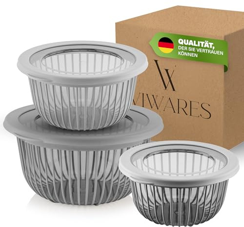 Viwares Salatschüssel mit Deckel groß 3er Set – Mixing Bowl Grau | Schüssel mit Deckel Rührschüsseln stapelbar BPA-frei – Schüsselset Teigschüssel luftdicht spülmaschinenfest 1L 2L 3L