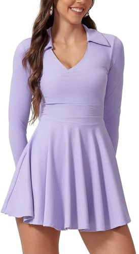 IDOPIP Tennis Dress Women's Long Sleeve Golf Dresses with Integrated Bra and Shorts Sexy Summer Dresses Mini Dress V-Neck Polo Dress with Pocket Tennis Skirt Sports Suit for Workout Yoga, Purple, XL