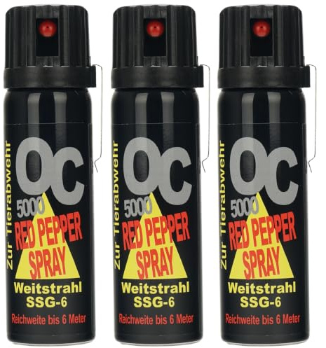 3 Stück Pfefferspray mit Metallclip - EXTRA STARK - OC5000 SSG-6 Weitstrahl 63 ml zur Selbstverteidigung hochwertiges KO Spray mit Federdeckel