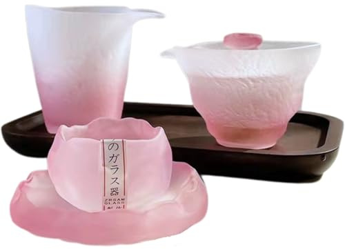 Boxonly Teeservice aus Milchglas mit Farbverlauf, Rosa, inklusive Gaiwan, Gong-Tasse, Schneetasse und Tassenmatte, 4-teiliges hitzebeständiges Gongfu-Teegeschirr für Zuhause, Büro oder als Geschenk,