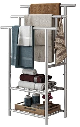 FOUBAM Porte-serviettes debout avec 3 barres porte-serviettes en métal avec 2 étagères, pour serviettes de bain, couvertures, peu encombrant, stable, style industriel, argenté