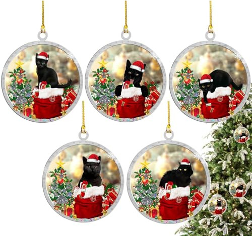 Weihnachtsbaum-Acryl-Anhänger,Acryl-Weihnachtsbaumschmuck | 5Pecies Schwarze Katzenbaumanhänger Weihnachtsanhänger | Weihnachtsartikel mit Weihnachtsmütze. Lustige Weihnachtsdekorationen für den Kamin