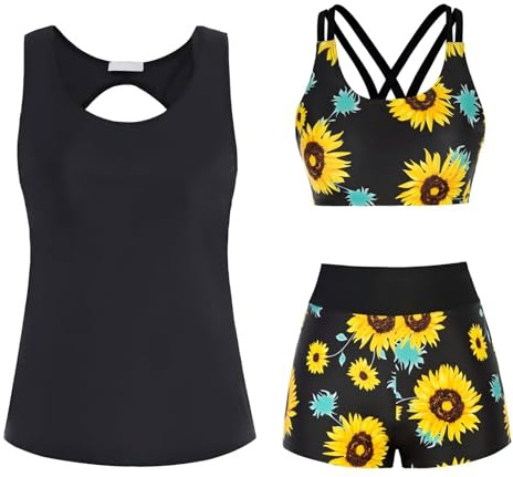 Generisch 3-teiliger Tankini Damen Bauchweg Bademode Set Tank Top mit Push-up-Bikinioberteil und High Waist Badeshorts Boho Einfache Badebekleidung Damen-Sport-Badeanzug für Schwimmbad Strand