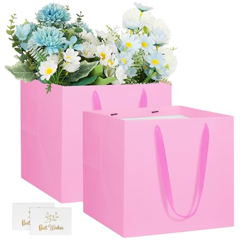 NAHRMY 2 stycken rosa presentpåsar papperspåsar, fyrkantiga presentpåsar presentpåsar gjorda av papper för examensfest födelsedag bröllop jul fest 20 x 20 x 20 cm