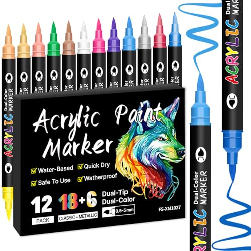Alitastro Dual Tip Acrylic Paint Pens 12 Pack 24 Colors Acrylic Markers | Waterproof, Quick Dry, Fade Resistant, Water-based Marker Pens for Adults for Rock Painting Wood Glass Ceramic Easter Egg