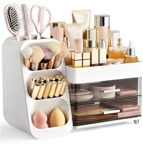 hblife Make up Kosmetik Organizer mit Schubladen, Pinsel Aufbewahrung groß | 3-in-1 Makeup Organizer, Plastic Kosmetik Aufbewahrungsbox, Schmink Aufbewahrung große Lagerung für Schminktisch Badezimmer