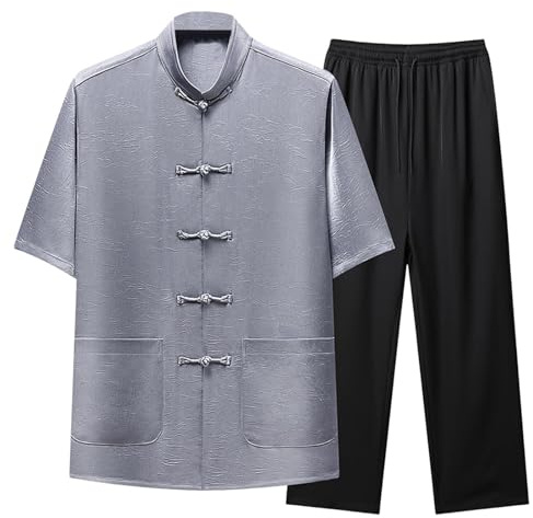 Cambkatl Men's Tang Suit Chinese Traditional Mandarin Collar Kung Fu Shirts Short Sleeve Tai Chi Clothes 2 Piece Outfits