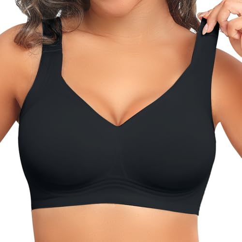 PoseFree Bras for Women Non Wired Support Bra Seamless Wireless Comfort Full Coverage Padded Everyday Bra, Soft and Supportive, Black M