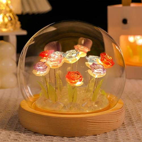 AWSOLAR Rouge Veilleuse Fleur de Rose, 10 LED Rose Eternelle Sous Cloche en Verre, Magnifique Cadeau Floral pour Femme, Epouse, Petite amie, Mère