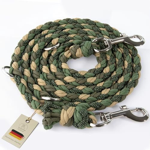 Tailoir Hundeleine 2m geflochten - Tauleine Hund, Mittelgroße - Große Hunde | Paracord Tau Leine verstellbar, Dog Leash Führleine, Bissfeste Freihandleine zum Umhängen, Trainingsleine, Grün Beige