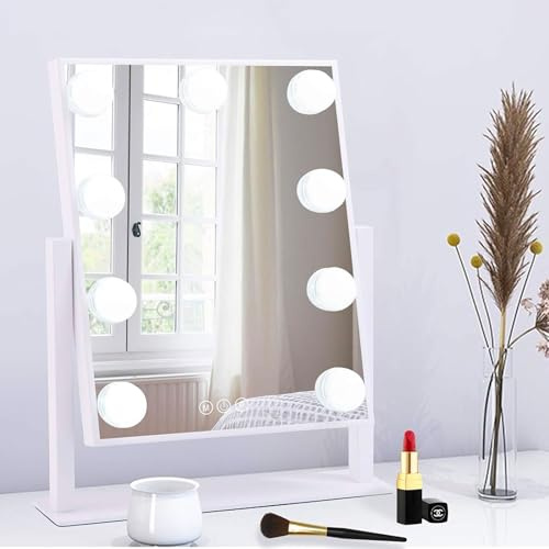 081 Store - Specchio Trucco con Luci, specchio grande illuminato con luce a 3 colori e 9 lampadine a LED dimmerabili, schermo touch intelligente e rotazione di 360 gradi