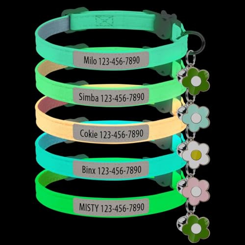 Katzenhalsband mit Glockenblumen-Dekoration, personalisierbar, UV-gedruckter Name und Telefonnummer, leuchtendes, verstellbares Sicherheitskatzenhalsband (fluoreszierend)