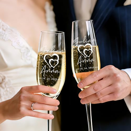 PFTPOW Personalized Wedding Champagne Flutes Set of 2 Customized Mr and Mrs Champagne Flutes Engraved Name & Date Gifts for Engagement Bridal Shower Anniversary