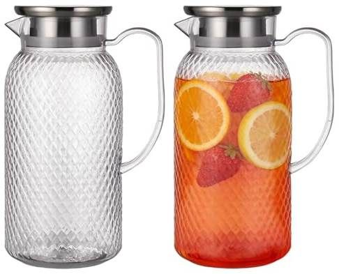 Wasserkaraffe mit Deckel, 2 Stück Kunststoff Wasserkanne 1,8L, Wasserkrug mit Deckel Für Kühlschrank Bpa Frei Ideal für Saft Sangria Limonade Milch Kaffee Heiße Oder Kalte Getränke Transparenter Krug