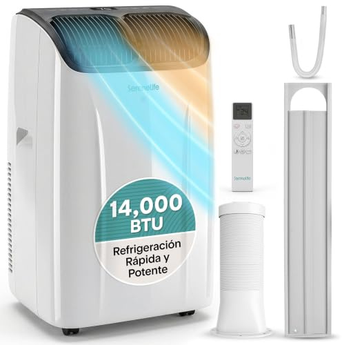SereneLife Aire Acondicionado Portátil, 14000 BTU (3,52 kW), Climatizador 4 en 1: Frío, Calor, Deshumidificador y Ventilador, Unidad Compacta con Kit de Ventana