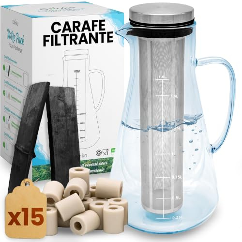 ORINKO Caraffa filtrante in vetro da 1,6 l + 2 carboni Takesumi giapponesi + 15 perle in ceramica EM®, carbone attivo vegetale per purificazione naturale dell'acqua, filtrazione naturale potente da