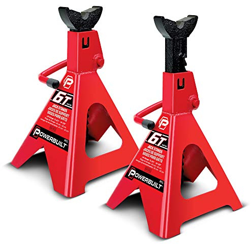 Powerbuilt 6 Ton Ratchet Jack Stands, Wide Stance Stability, Vehicle Car Lifting Range 15-1/2 Inches to 23-1/2 Inches - Red 647511