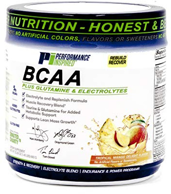 PERFORMANCE INSPIRED Nutrition BCAA Powder – 5G BCAA with Electrolytes, Taurine & Glutamine – All-Natural Recovery & Clean Formula – Tropical Mango Delight – 1.46 lb