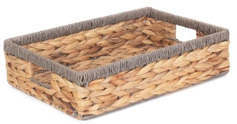 Red Hamper Small Shallow Rectangular Water Hyacinth with Grey Rope Border Storage Basket, Brown