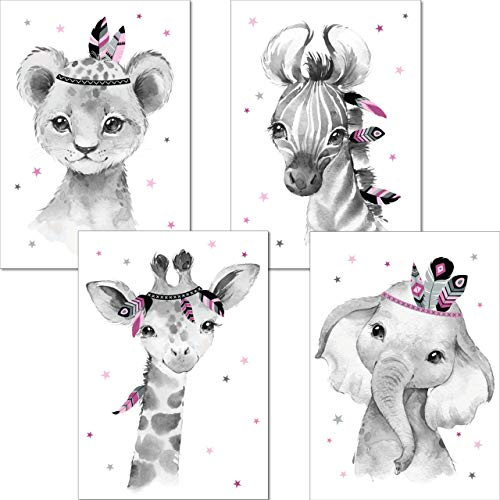 LALELU-Prints Bilder Kinderzimmer Poster Babyzimmer Deko Mädchen Jungen Kinderbilder Set Kinderzimmerbilder (Indianer rosa 4er Set)